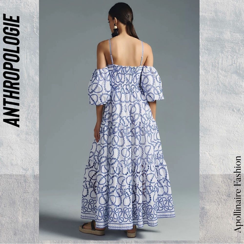 ANTHROPOLOGIE PUFF SLEEVES EYELET MAXI DRESS IN BLUE WHITE NWOT - Picture 3 of 10